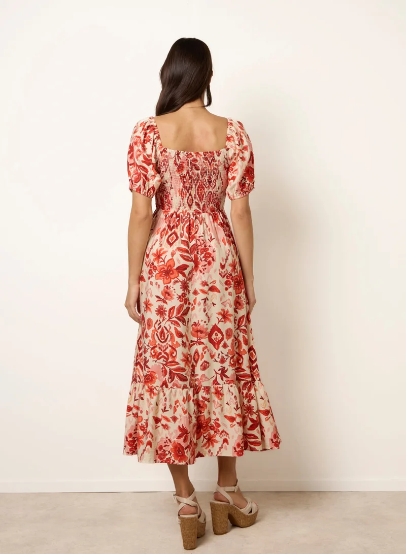 Blue Vanilla Watercolour Floral Shirred Puff Sleeve Midi Dress