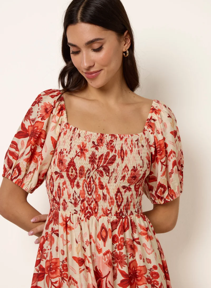 Blue Vanilla Watercolour Floral Shirred Puff Sleeve Midi Dress