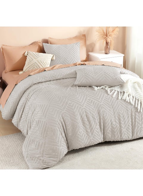 Litanika Linen Grey King Size Comforter Set  3 Pieces Tufted Boho Farmhouse Bedding Comforter Sets  Lightweight Fluffy Comforter Bed Set for All Season (104x90In Comforter and 2 Pillowcases)