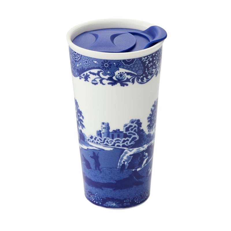 Spode Blue Italian 12oz Porcelain Travel Mug with Lid â€“ Scenic Patterned Drinkware with Decorative Border - Portable Ceramic Coffee Cup for Brunch, Tea, On-the-Go Hot Beverage Moments - Image 1