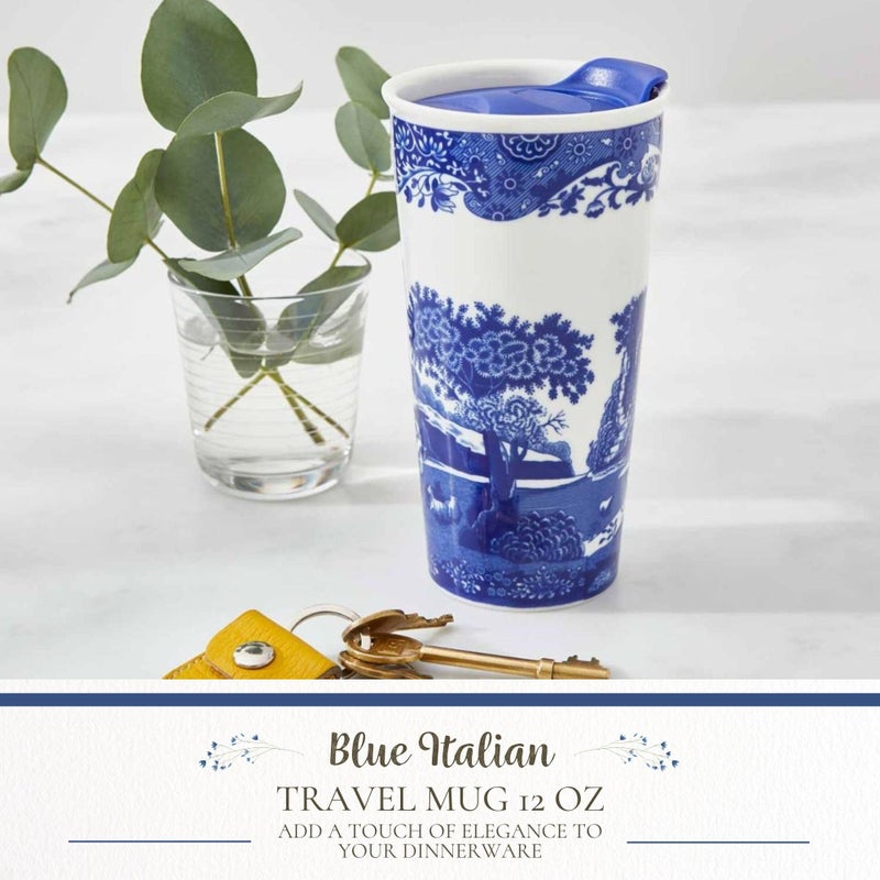 Spode Blue Italian 12oz Porcelain Travel Mug with Lid â€“ Scenic Patterned Drinkware with Decorative Border - Portable Ceramic Coffee Cup for Brunch, Tea, On-the-Go Hot Beverage Moments - Image 2