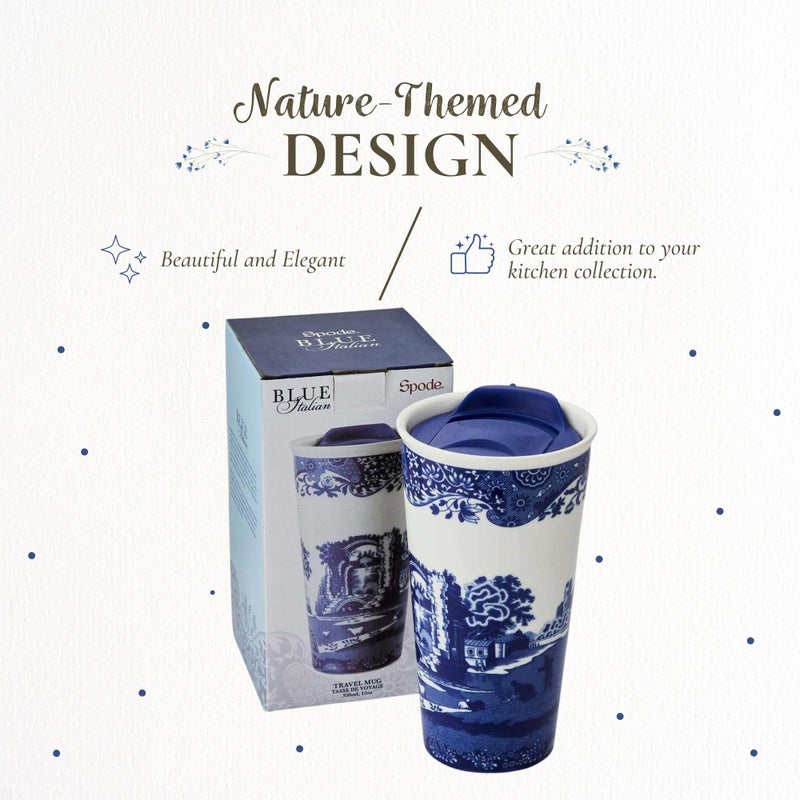 Spode Blue Italian 12oz Porcelain Travel Mug with Lid â€“ Scenic Patterned Drinkware with Decorative Border - Portable Ceramic Coffee Cup for Brunch, Tea, On-the-Go Hot Beverage Moments - Image 3