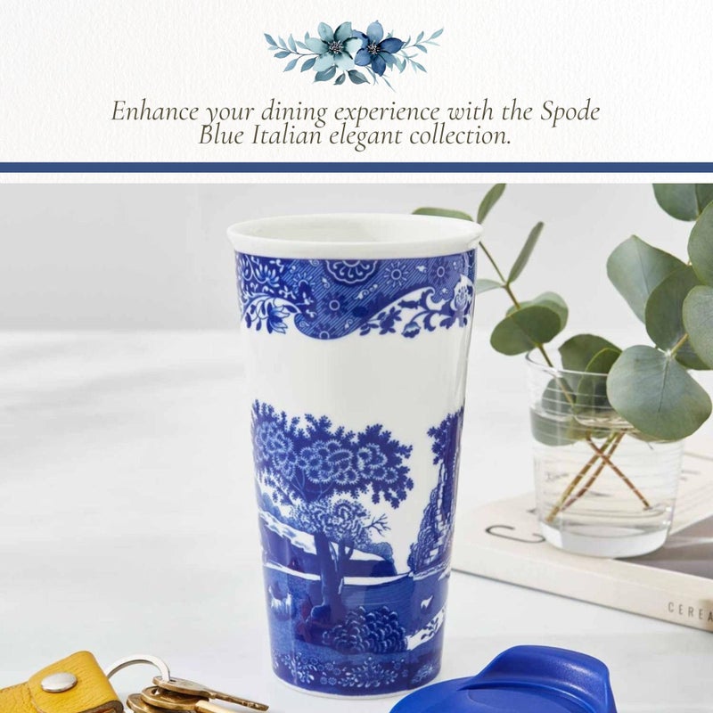 Spode Blue Italian 12oz Porcelain Travel Mug with Lid â€“ Scenic Patterned Drinkware with Decorative Border - Portable Ceramic Coffee Cup for Brunch, Tea, On-the-Go Hot Beverage Moments - Image 5