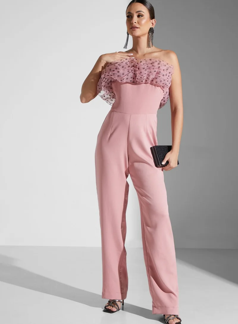 Namshi X Hadia Ghaleb Hadia Ghaleb Off Shoulder Ruffle Tulle Jumpsuit