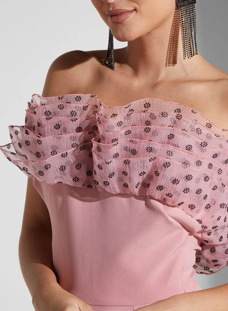 Namshi X Hadia Ghaleb Hadia Ghaleb Off Shoulder Ruffle Tulle Jumpsuit