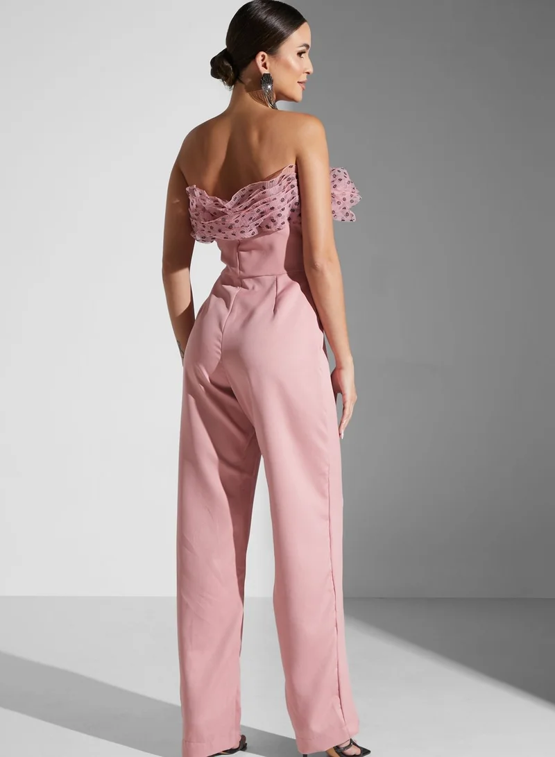 Namshi X Hadia Ghaleb Hadia Ghaleb Off Shoulder Ruffle Tulle Jumpsuit