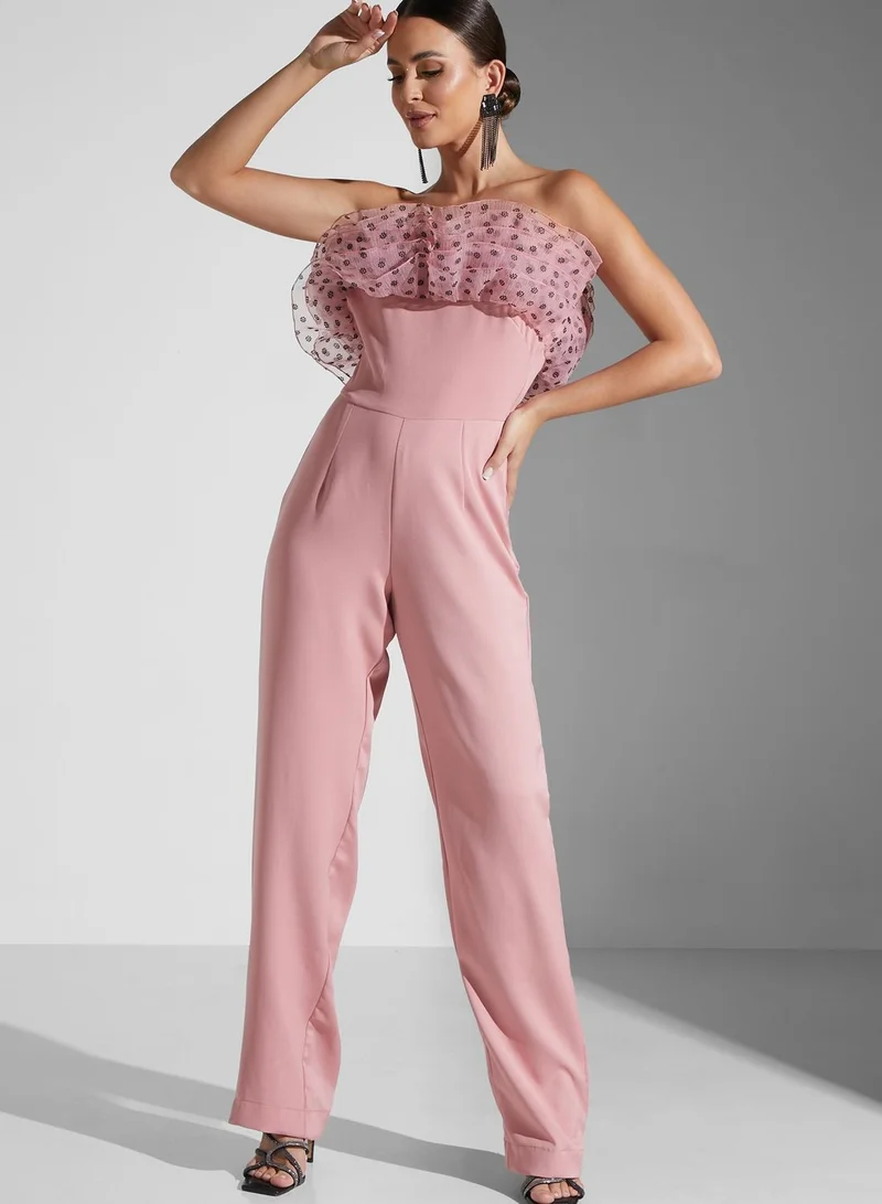 Namshi X Hadia Ghaleb Hadia Ghaleb Off Shoulder Ruffle Tulle Jumpsuit