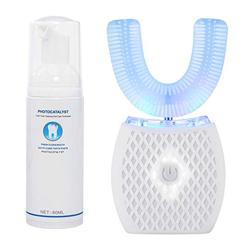 Maybuy Ultrasonic Automatic Toothbrush, Ultrasonic U-Shaped Toothbrushes for Adult, 360° Electric Sonic Tooth Brush with Automatic Timer, Wireless Charging Teethbrush Kit for Travel Or Home (White) - Image 1