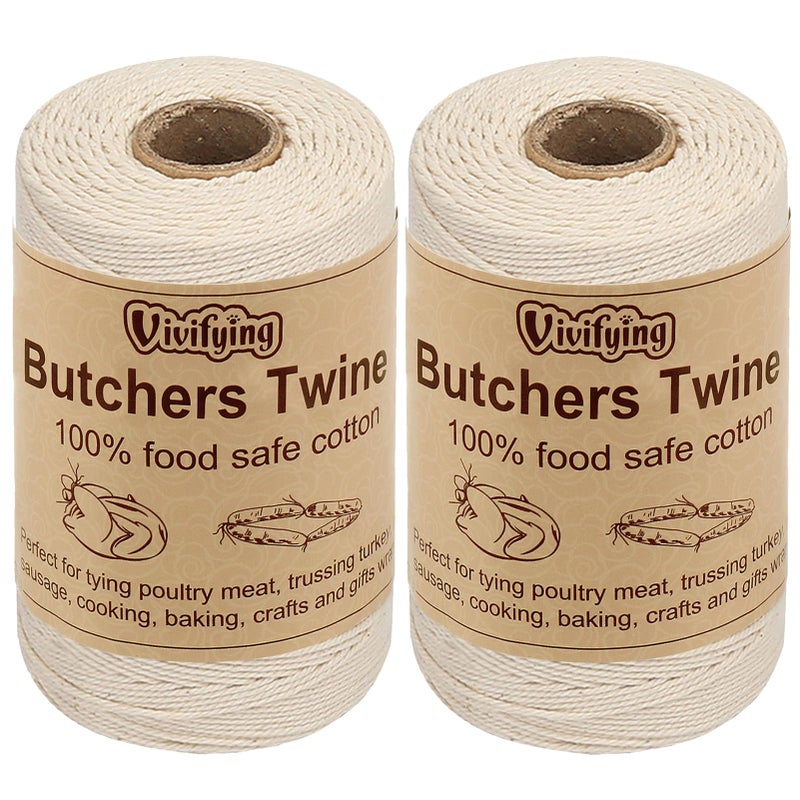 Vivifying Butchers Twine 2pcs x 656 Feet Food Safe Cotton Bakers Twine String for Tying Meat Making Sausage Trussing Turkey Roasting Cooking and PackingBeige