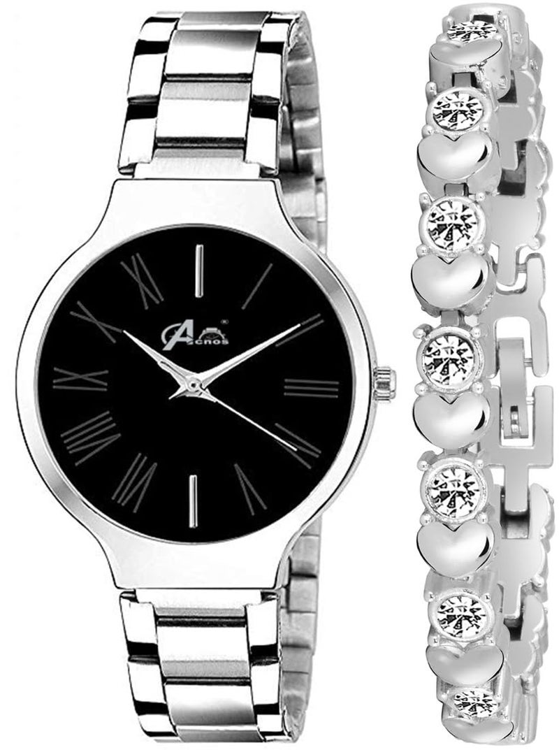 Acnos® Premium Brand - A Branded Watch Analog Black Dial Stainless Steel Silver Band with Heart Diamond Silver Bracelet Women's Watch - Image 1