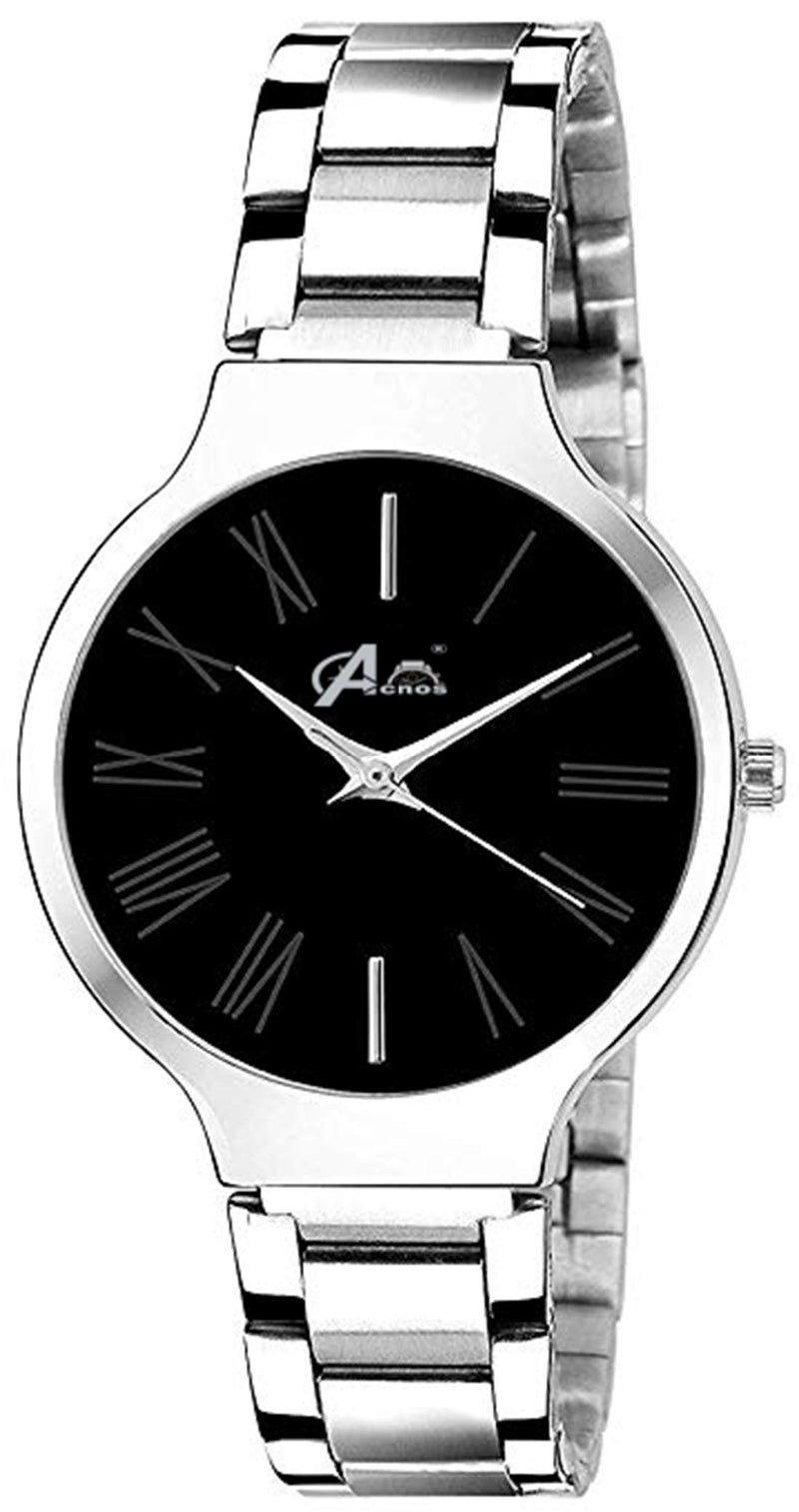 Acnos® Premium Brand - A Branded Watch Analog Black Dial Stainless Steel Silver Band with Heart Diamond Silver Bracelet Women's Watch - Image 3