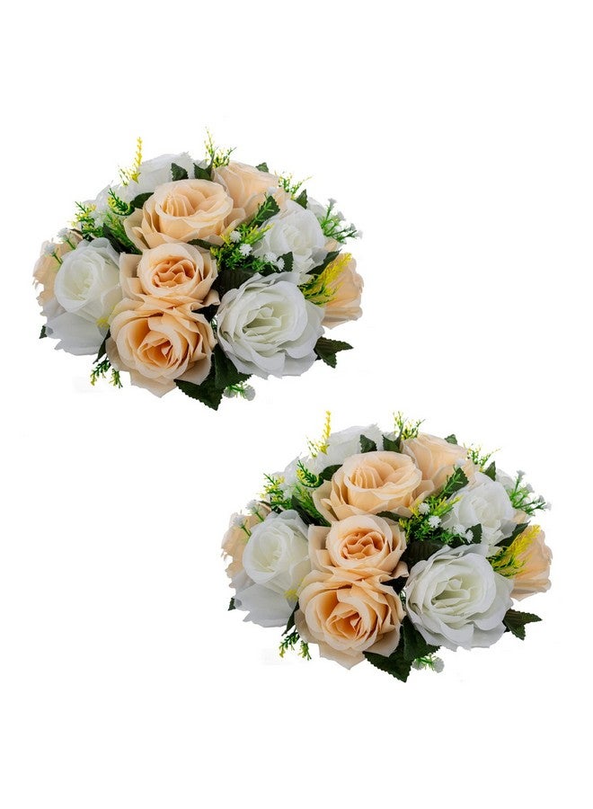 LANLONG 2 PCS Fake Flower Ball Arrangement Bouquet, 15 Heads Plastic Roses with Base, Artificial Flower for Wedding Bouquets Centerpieces Party Valentine's Day Home Decor - Image 1