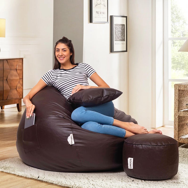 Brand - Solimo Solimo Premium Faux Leather Bean Bag Combo with Footrest Cushion Filled with Beans Multifunctional Pocket Capacity Upto 6 Ft Height 100 KG Weight 2XL Cocoa Brown - Image 1