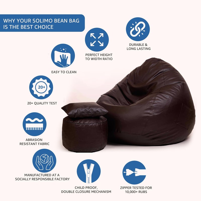 Brand - Solimo Solimo Premium Faux Leather Bean Bag Combo with Footrest Cushion Filled with Beans Multifunctional Pocket Capacity Upto 6 Ft Height 100 KG Weight 2XL Cocoa Brown - Image 3