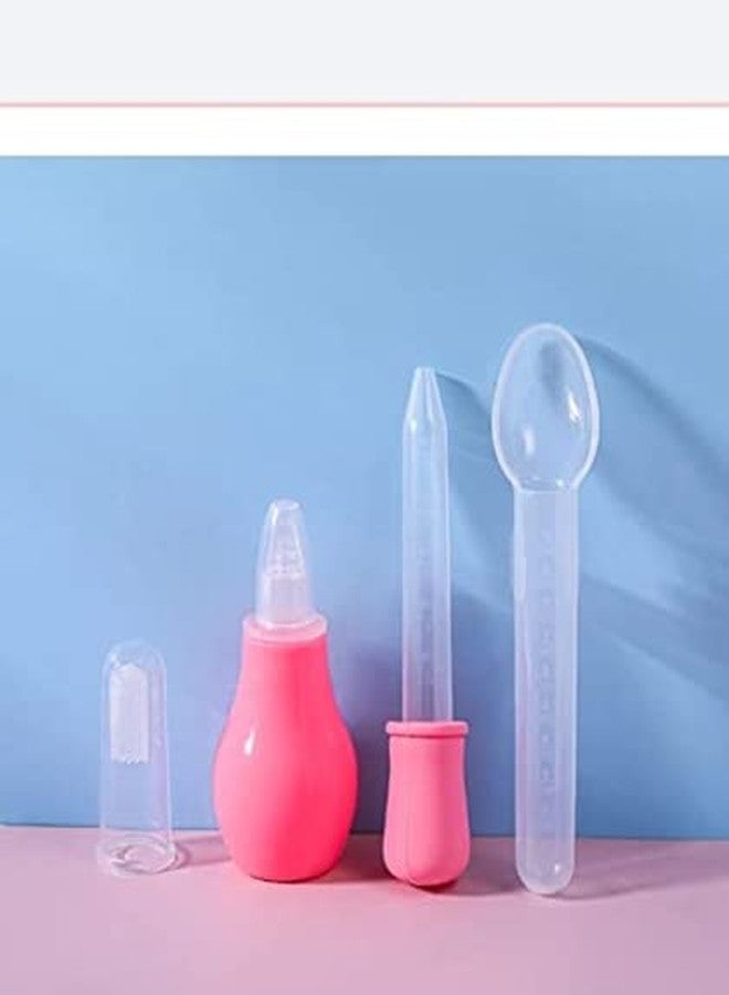 Sanvi Baby 4 pcs Baby Nasal Aspirator Silicon toothbruss Feeding Medicine Dropper and Spoon - silcon with Plastic (Pink ) - Image 1