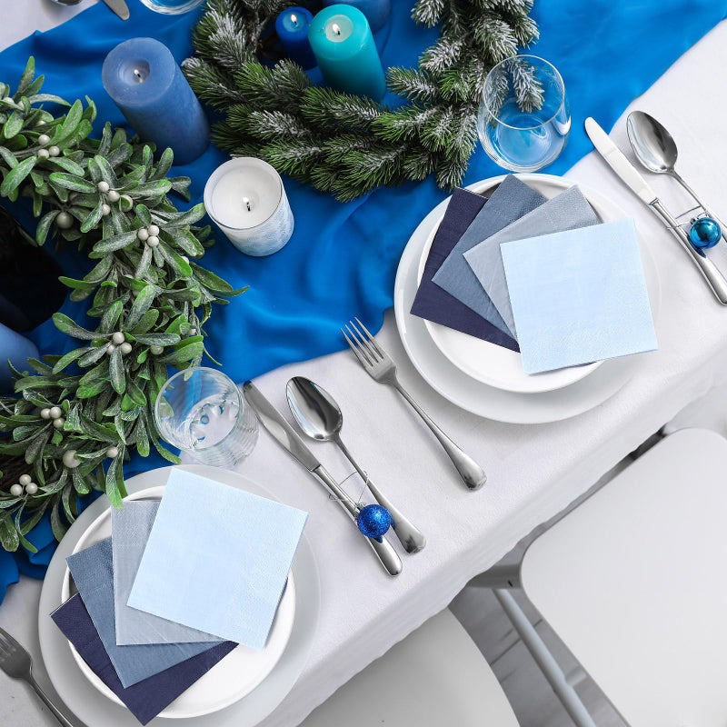 Layhit Layhit 100 Pcs Cocktail Napkins Disposable Beverage Napkins Square Paper Dessert Tissue for Valentine's Day Wedding Birthday Dinner Lunch Party Supplies(Dusty Blue 5 x 5 Inch)  - Image 3