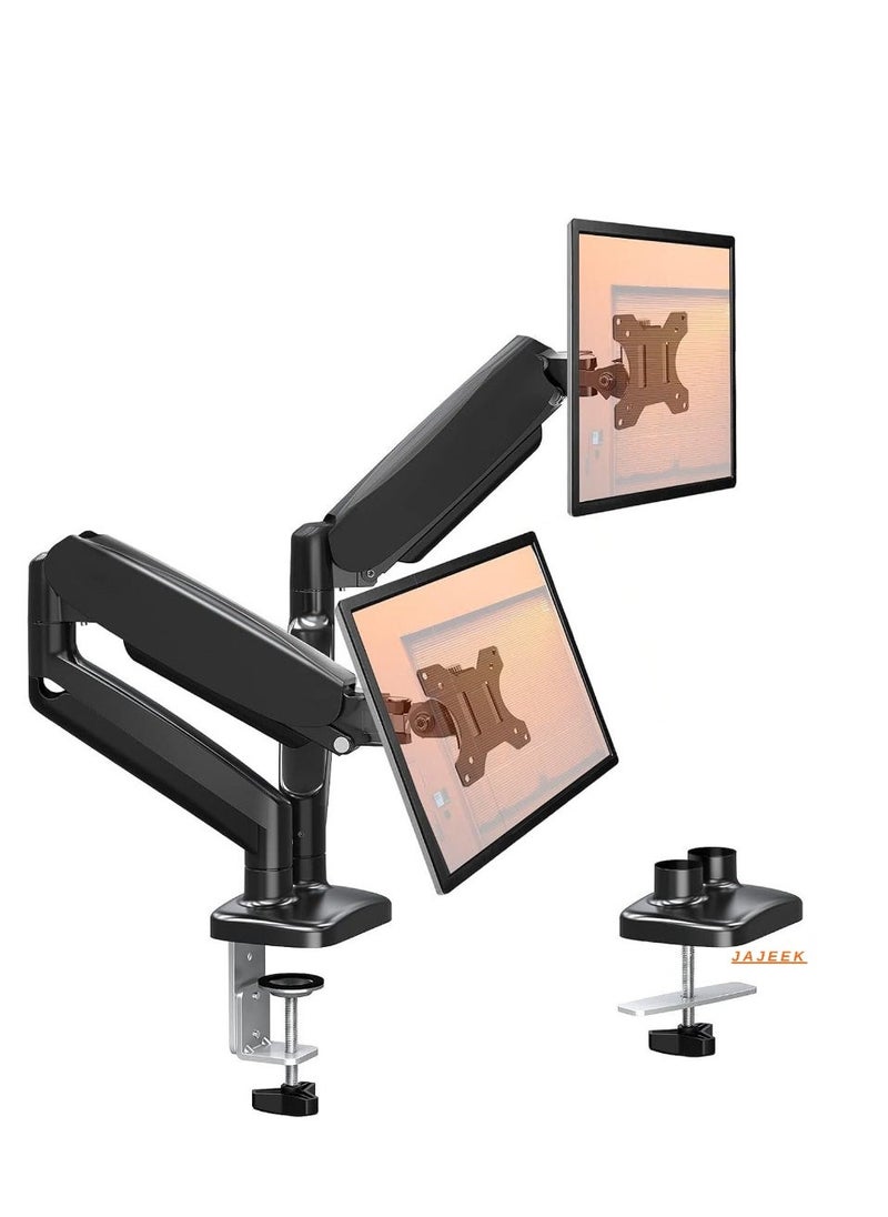 JAJEEK Dual Monitor Arm - Adjustable Gas Spring Ergonomic Monitor Mount for 13-32 Inch Screens, VESA Compatible (75x75/100x100), C-Clamp & Grommet, Heavy Duty Desk Stand, Full Motion, Easy Installation, Space-Saving Solution - Image 1