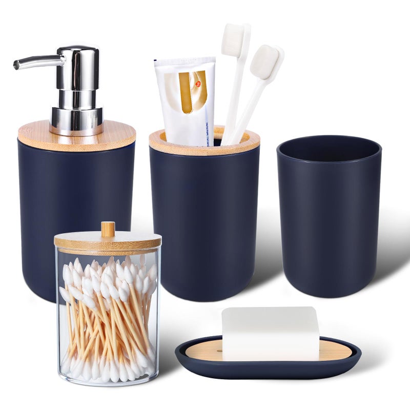 iMucci Bathroom Accessories Set 5Piece Navy Blue Bathroom Sets Toothbrush Holder Toothbrush Cup Soap Dispenser Soap Dish and Qtip Holder Bathroom Decor