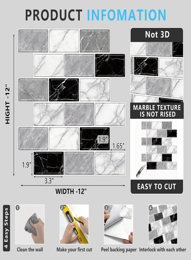 URCOLOR 10-Sheet Back Splashes for Kitchens Peel and Stick,12"x12" Self Adhesive Stick on Backsplash for Bathroom Black White Grey Marble Look - Image 5