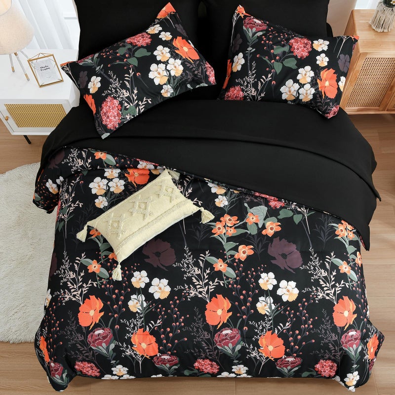 Yiran Black Red Floral Comforter Set Queen Size, 7 Piece Winter Comforter Bedding Set, Colorful Farmhouse Bed in a Bag, Soft Microfiber Complete Bedding Set with Sheets for All Season - Image 3