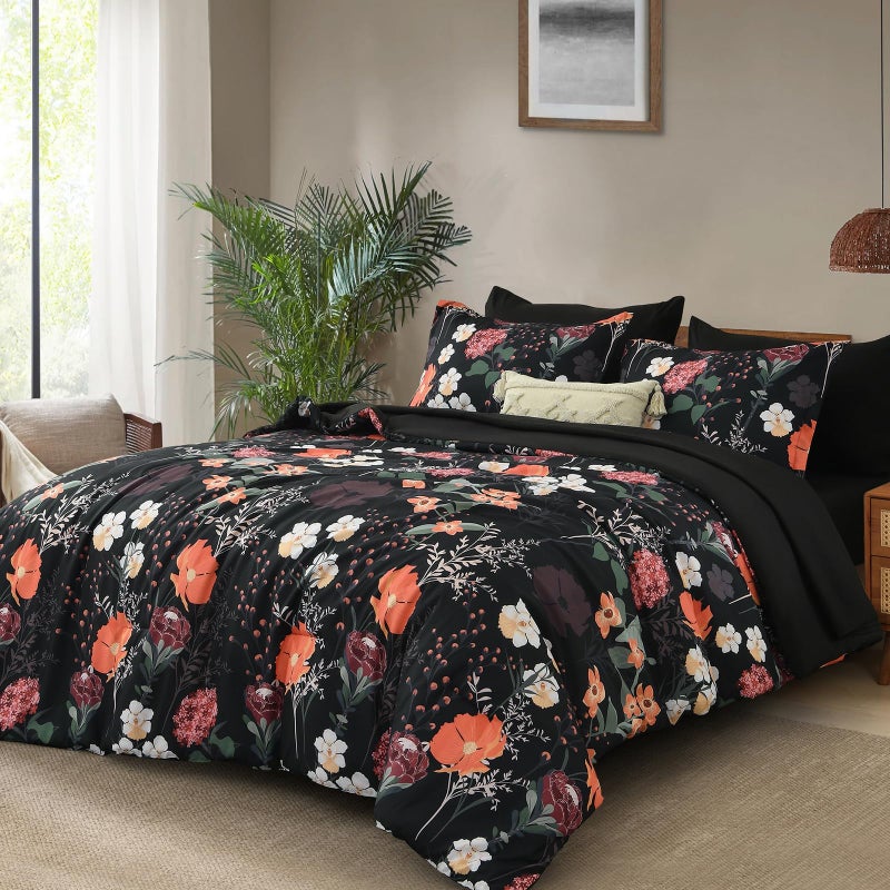Yiran Black Red Floral Comforter Set Queen Size, 7 Piece Winter Comforter Bedding Set, Colorful Farmhouse Bed in a Bag, Soft Microfiber Complete Bedding Set with Sheets for All Season - Image 2