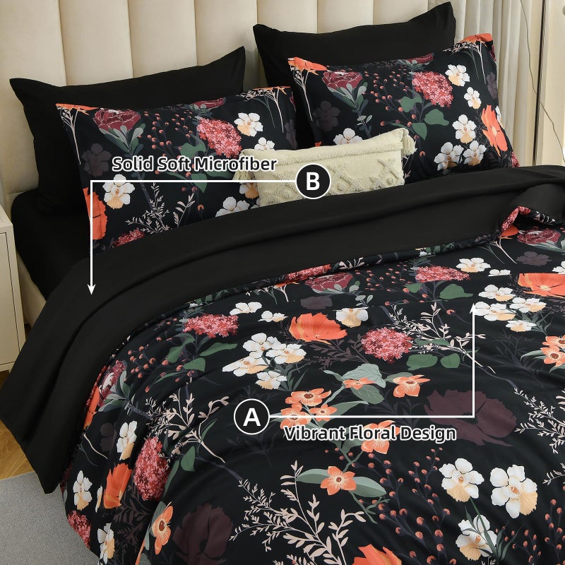 Yiran Black Red Floral Comforter Set Queen Size, 7 Piece Winter Comforter Bedding Set, Colorful Farmhouse Bed in a Bag, Soft Microfiber Complete Bedding Set with Sheets for All Season - Image 4