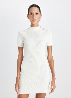 DeFacto Fitted Half Turtleneck Button-Up Ribbed White Mini Dress  - Image 1
