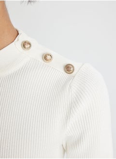 DeFacto Fitted Half Turtleneck Button-Up Ribbed White Mini Dress  - Image 4