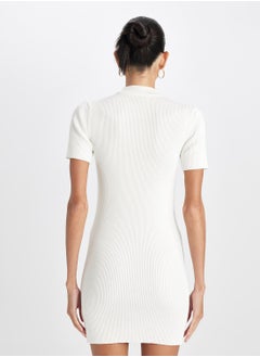 DeFacto Fitted Half Turtleneck Button-Up Ribbed White Mini Dress  - Image 2