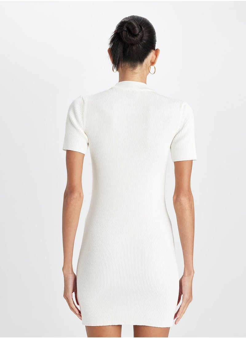 DeFacto Fitted Half Turtleneck Button-Up Ribbed White Mini Dress  - Image 2