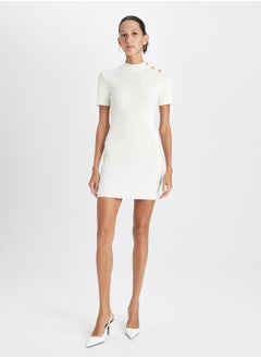 DeFacto Fitted Half Turtleneck Button-Up Ribbed White Mini Dress  - Image 5