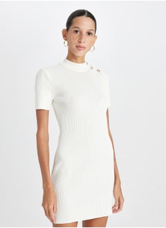 DeFacto Fitted Half Turtleneck Button-Up Ribbed White Mini Dress  - Image 3