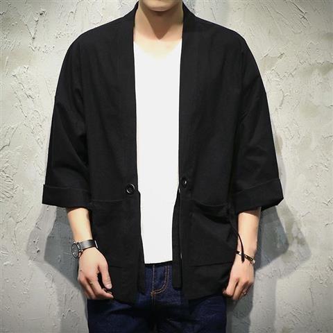 Mens Chinese Style Linen Kimono Cardigan M77 two-pocket black
