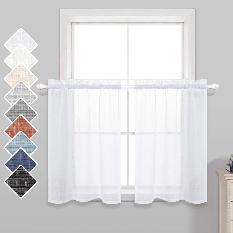 KOUFALL Kitchen Tier Curtains 30 Inches Long 2 Panels Rod Pocket Cafe Curtains Light Filtering Faux Linen Short Semi Sheer Curtains for Bathroom Small Curtain Window Treatment 30x30 Inch Length White