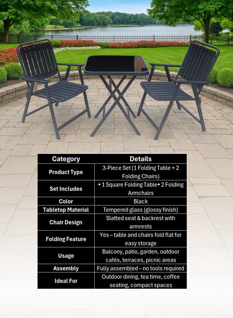 DBLEW Outdoor Folding Patio Furniture Set – Table + 2 Chairs – Black - Image 2