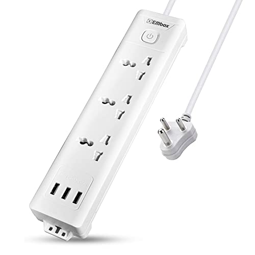 Embox Extension Board 5 Meter Cable with USB | Extension Board with Switches 3 Universal Sockets 6A Spike Guard | LED Indicator 2500W Extension Cord - Image 1