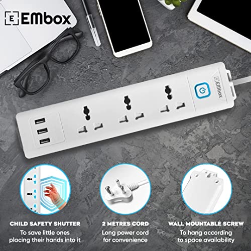 Embox Extension Board 5 Meter Cable with USB | Extension Board with Switches 3 Universal Sockets 6A Spike Guard | LED Indicator 2500W Extension Cord - Image 4