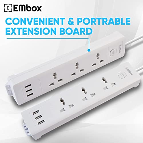 Embox Extension Board 5 Meter Cable with USB | Extension Board with Switches 3 Universal Sockets 6A Spike Guard | LED Indicator 2500W Extension Cord - Image 2