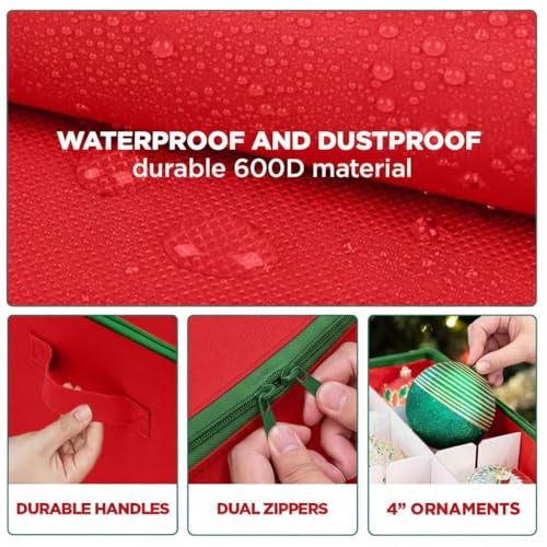 HOLDN’ STORAGE Christmas Ornament Storage Container with Dividers - Box Stores Up to 54-4" Ornaments, Zippered, Convenient, Adjustable, Large Organizer Bin to Protect and Store Holiday Décor, Red - Image 3