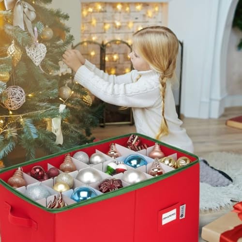 HOLDN’ STORAGE Christmas Ornament Storage Container with Dividers - Box Stores Up to 54-4" Ornaments, Zippered, Convenient, Adjustable, Large Organizer Bin to Protect and Store Holiday Décor, Red - Image 2