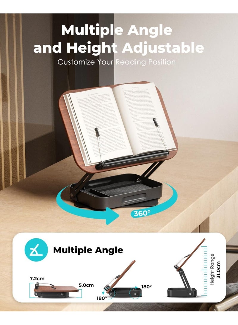 حامل كتب خشبي دوّار لعرض الكتب مع إمكانية تعديل الارتفاع، قاعدة معدنية قابلة للطي، منظم صغير مدمج، مثالي للدراسة أو القراءة أو ممارسة الموسيقى، مناسب للأجهزة اللوحية/أجهزة الكمبيوتر المحمولة - Image 3