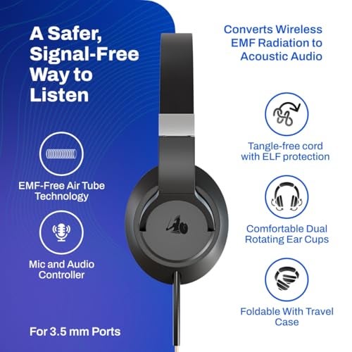 DefenderShield Over-Ear Air Tube Headphones E M F Free – Wired Design for Reduced Wireless Signal Contact – Built-in Mic & Audio Controls – Foldable Airtube Headphones E M F Free with Travel Case - Image 2