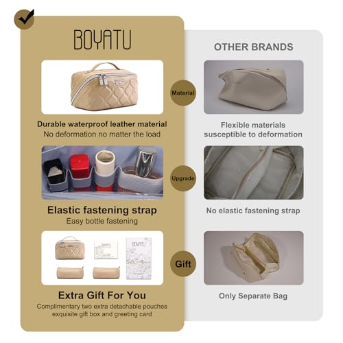 BOYATU Travel Makeup Bags for Women Cosmetic Bag: Puffy Make up Bags Set of 3 - Vegan Leather Makeup Organizer - Waterproof Large Toiletry Bag with Compartments - Travel Essentials (H-2-Khaki) - Image 2