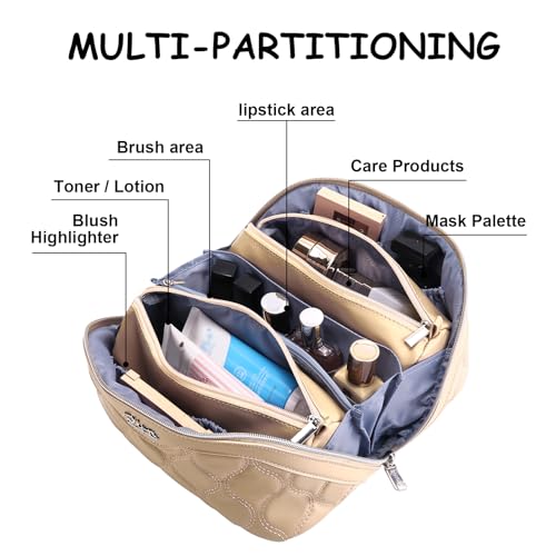 BOYATU Travel Makeup Bags for Women Cosmetic Bag: Puffy Make up Bags Set of 3 - Vegan Leather Makeup Organizer - Waterproof Large Toiletry Bag with Compartments - Travel Essentials (H-2-Khaki) - Image 3