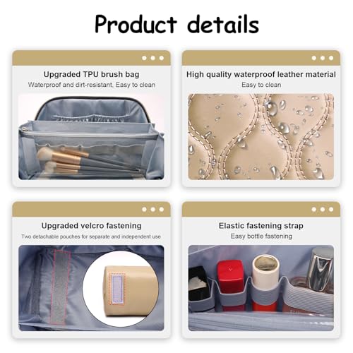 BOYATU Travel Makeup Bags for Women Cosmetic Bag: Puffy Make up Bags Set of 3 - Vegan Leather Makeup Organizer - Waterproof Large Toiletry Bag with Compartments - Travel Essentials (H-2-Khaki) - Image 4