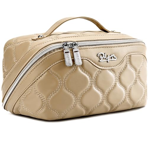 BOYATU Travel Makeup Bags for Women Cosmetic Bag: Puffy Make up Bags Set of 3 - Vegan Leather Makeup Organizer - Waterproof Large Toiletry Bag with Compartments - Travel Essentials (H-2-Khaki) - Image 1