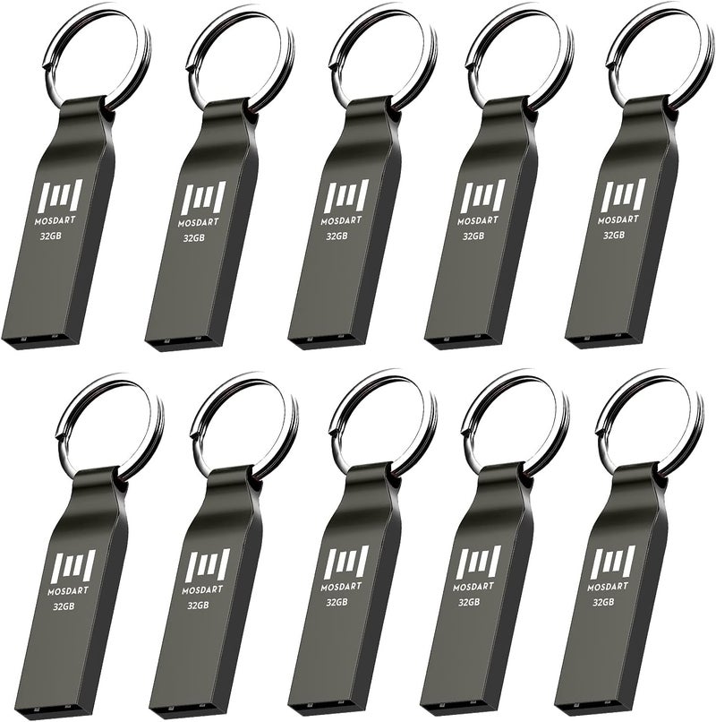 موس دارت محرك أقراص فلاش MOSDART مقاوم للماء بسعة 32GB USB2.0، بتنسيق FAT32، عصا ذاكرة معدنية مع سلسلة مفاتيح، للنسخ الاحتياطي للنظام وتخزين البيانات، رمادي تيتانيوم (عبوة من 10 قطع) - Image 1