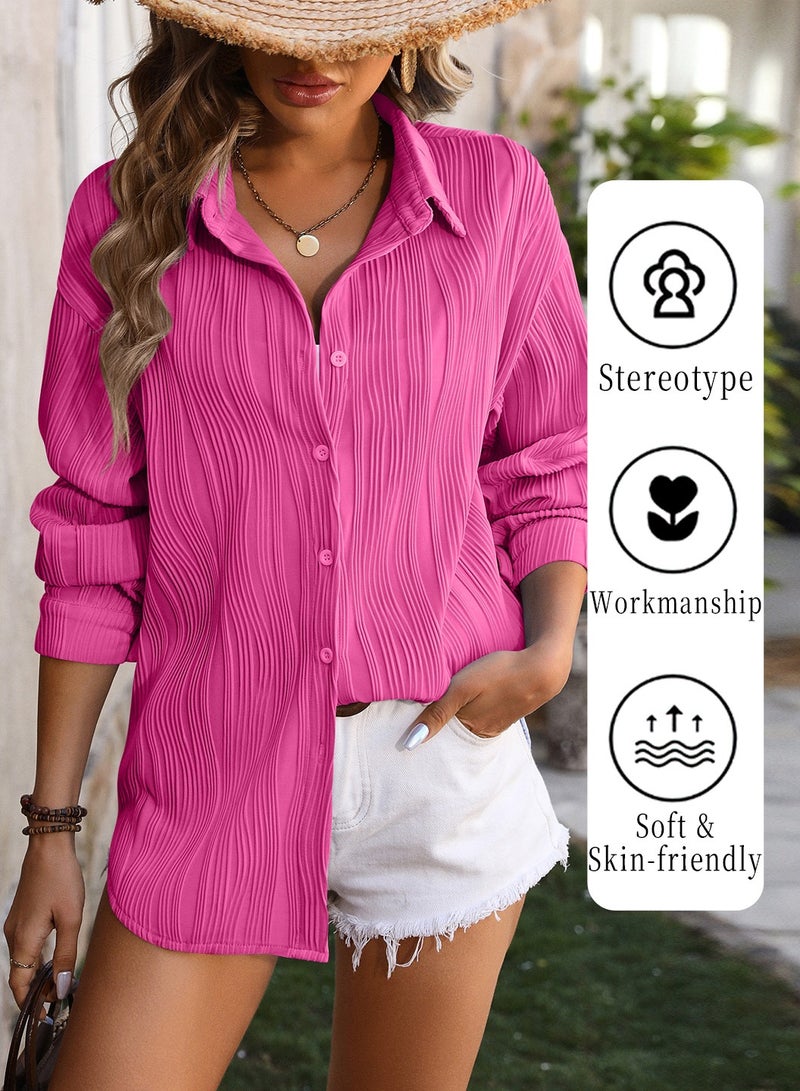 Moovant Women's Button Down Shirts, Wave Textured Long Sleeve Blouse, Loose Casual Plain Tops, Ladies Work Dress Shirt Coat, Rose Red - Image 2