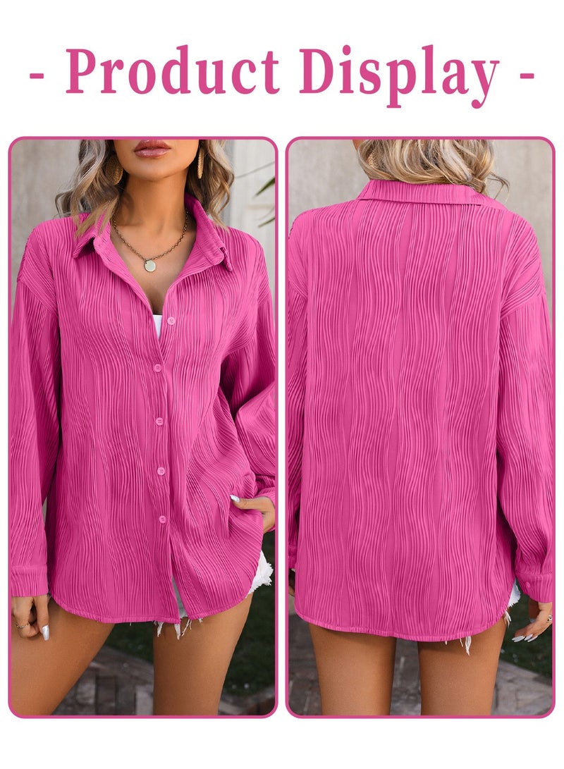 Moovant Women's Button Down Shirts, Wave Textured Long Sleeve Blouse, Loose Casual Plain Tops, Ladies Work Dress Shirt Coat, Rose Red - Image 4