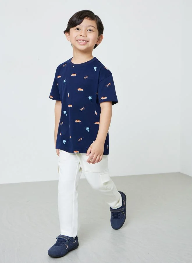 Styli Boys Blue Printed Cotton Oversized T-Shirt